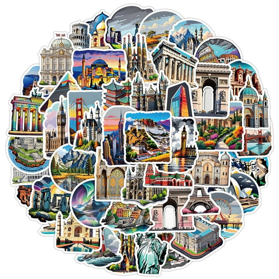 50 World Landmark Doodle Stickers - Waterproof, Decorative Decals for Water Bottles, Creative Stationery Stickers