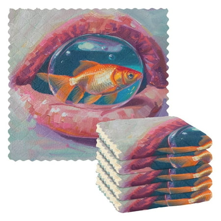 

Kitchen Dish Towels Soft Absorbent Dish Cloths 11 x11 Goldfish in Bubble Inside Mouth 6 Packs
