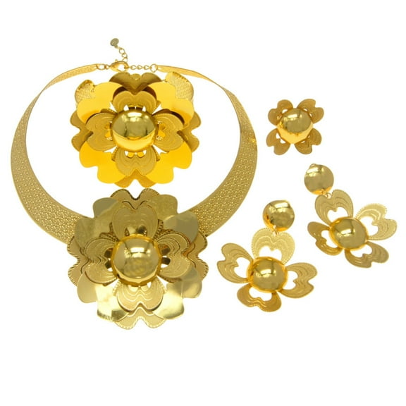 4 Pcs 24K Sparkling Engagement Wedding Jewelry Sets for Women Necklace Bracelet Earrings Ring Bridal Jewelry Sets for Women Party Prom Costume Accessories