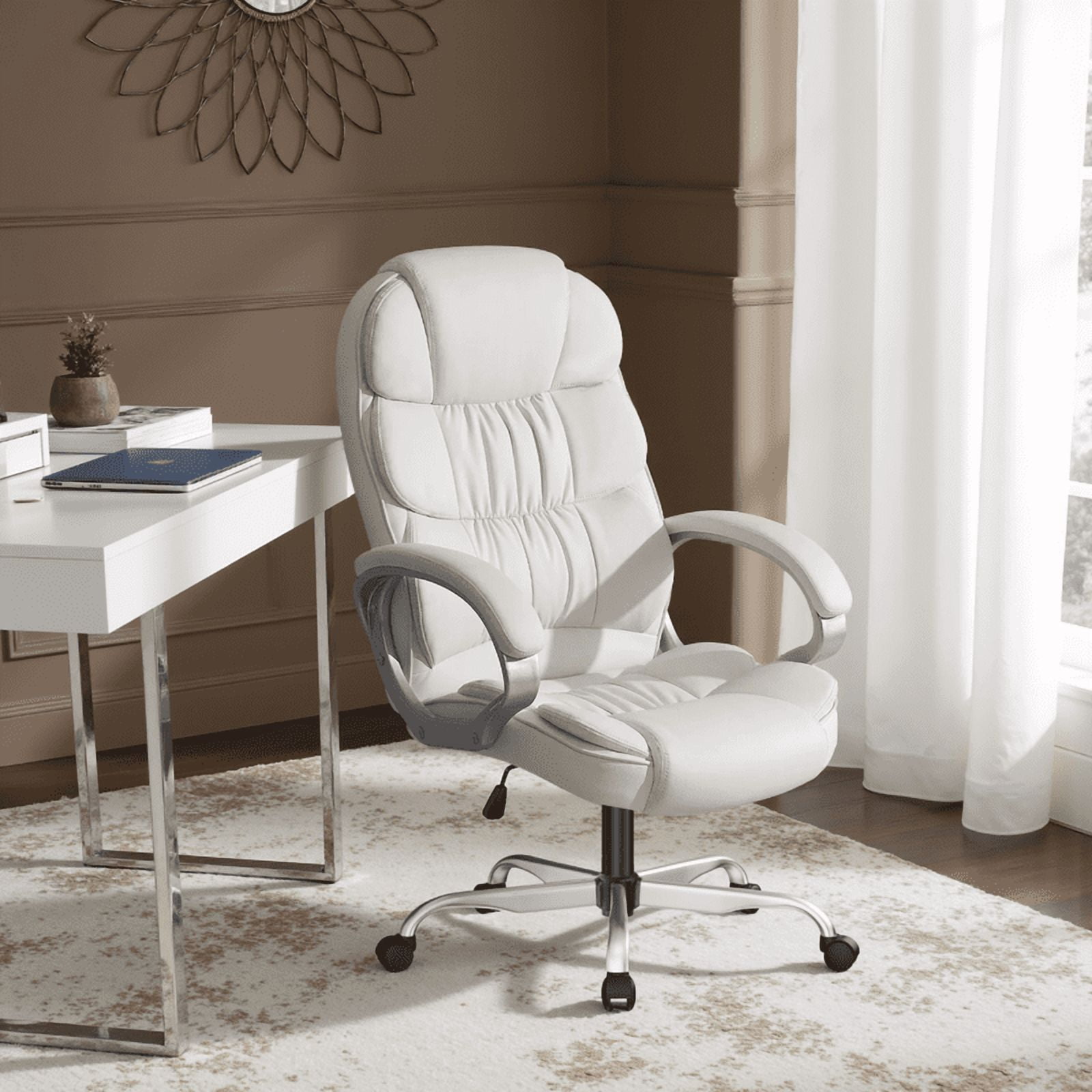 Furmax High Back Office Adjustable Ergonomic Desk Padded Armrests Executive PU Leather Swivel Task Chair with Lumbar Support, White