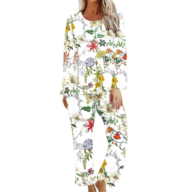KIHOUT Pyjamas pour Femmes Imprimés Col Rond Manches Courtes Chemise de Nuit et Pantalons Ensembles Vêtements de Détente Pyjamas avec Poches