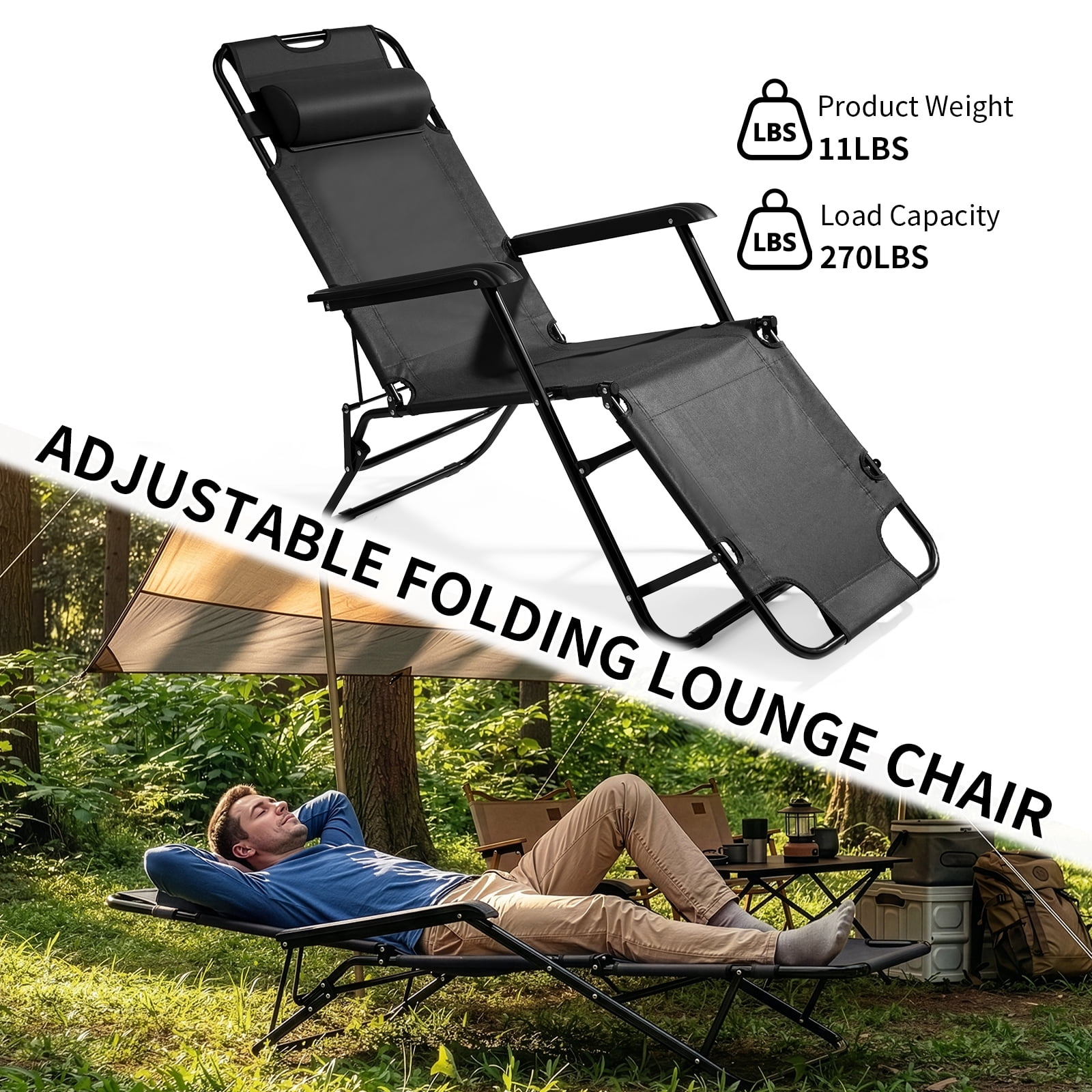 Dual Purpose Folding Recliner Chair, Premium Steel Tube Oxford Fabric Chair, Portable Space Saving Black Chair, Multifunctional Chair for Indoor Outdoor Daily Use Gift
