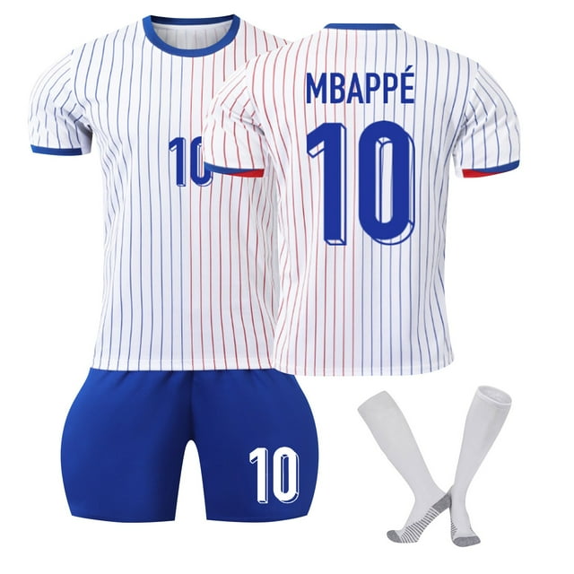 Sien 2425 Équipe Nationale Française Match Extérieur Maillot de Soccer à Rayures Rouges et Bleues, 10 MBAPPE Manches Courtes Maillot de Soccer Été, Ensemble de 3 Pcs pour Sports Extérieurs Adultes, 10/2TG