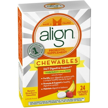 Align Probiotic Supplement Chewable Tablets, Banana Strawberry Smoothie 24 ea (Pack of 6)