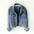 thumbnail image 5 of Women'S Jean Jacket Embroidered Rivet Pearl Short Denim Jacket Coat Blue S, 5 of 7