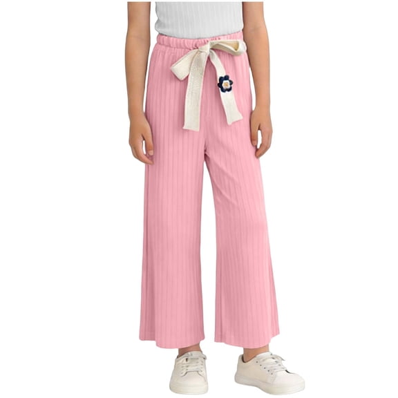 Girls Pants Pink Wide Leg Pinstripe Trousers with Flower Elastic Waist Stretchy Ribbed Casual School Uniform for Kids 2T-10,Size 7-8 T