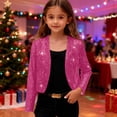 thumbnail image 2 of Girls Sequin Jacket Sparkly Glitter Open Front Cropped Blazer Lightweight 3/4 Length Sleeve Jacket Hot Pink 170, 2 of 7