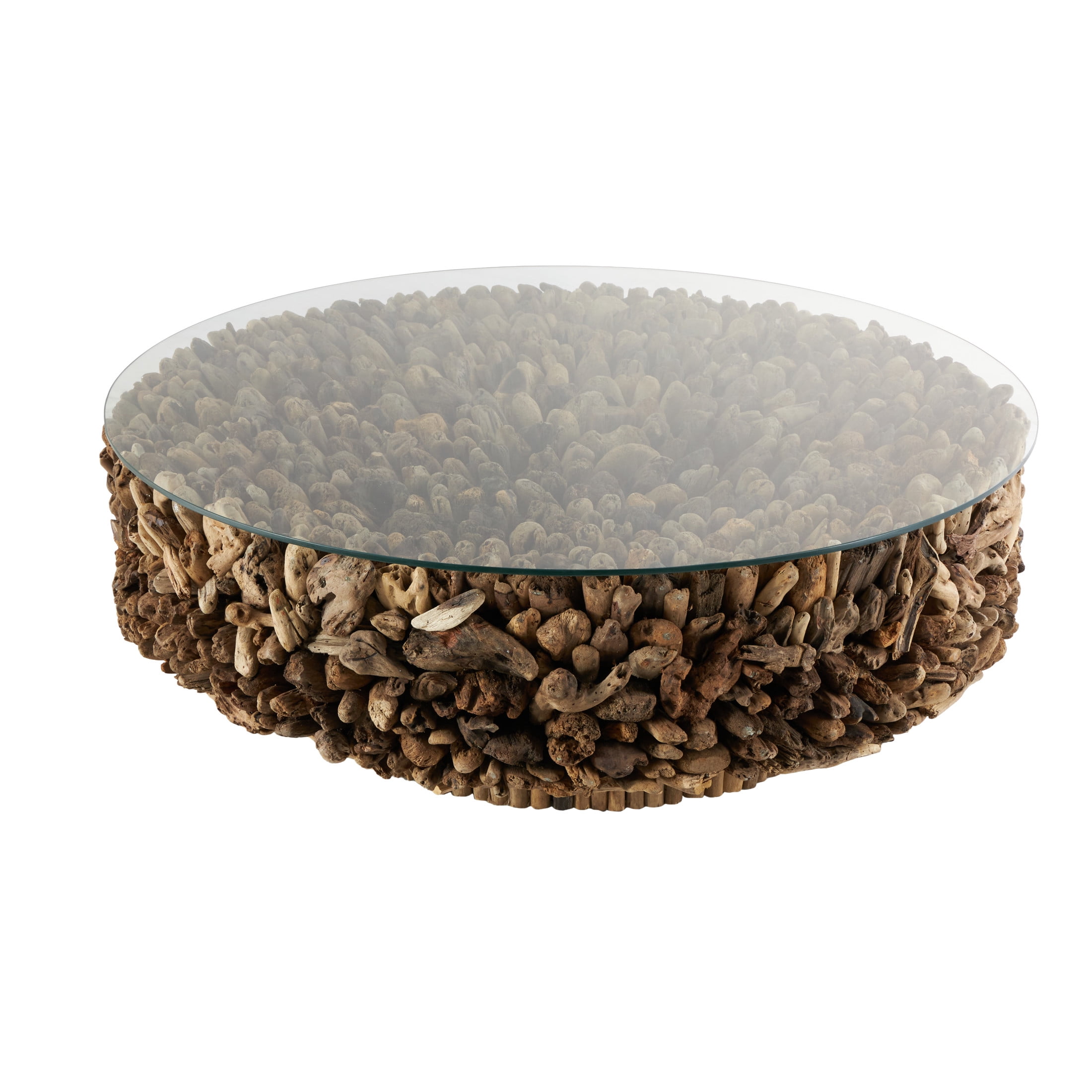 DecMode Rustic Brown Driftwood Inspired Coffee Table with Tempered Glass, 48"W x 16"H