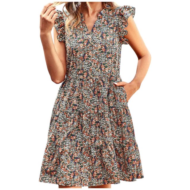 Robe à Volants for Women Swing Plage Soleil Robe V Cou Décontracté Confortable Boho Robe de Vacances avec Poches