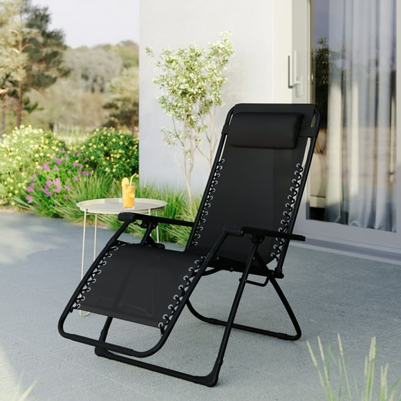 Mainstays Outdoor Steel Reclining Zero Gravity Chair with Cup and Phone Holder, Black