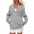 thumbnail image 1 of Women'S Long Sleeve Quarter Zip Pullover Sweater Casual Loose V Neck Collared Ribbed Knit Tops Light Gray M, 1 of 6