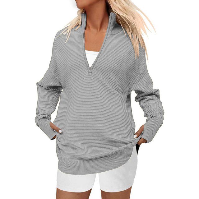 Women'S Long Sleeve Quarter Zip Pullover Sweater Casual Loose V Neck Collared Ribbed Knit Tops Light Gray M
