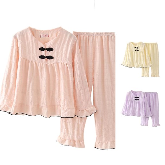 WAYUTE Girls Pajamas Fall 2 Piece Soft Bow Print Lace Round Neck Ruffle Long Sleeve Top and Pants for Toddler Kids Comfort Sleepwear Casual Indoor,Pink,Size 7 Y-8 Y