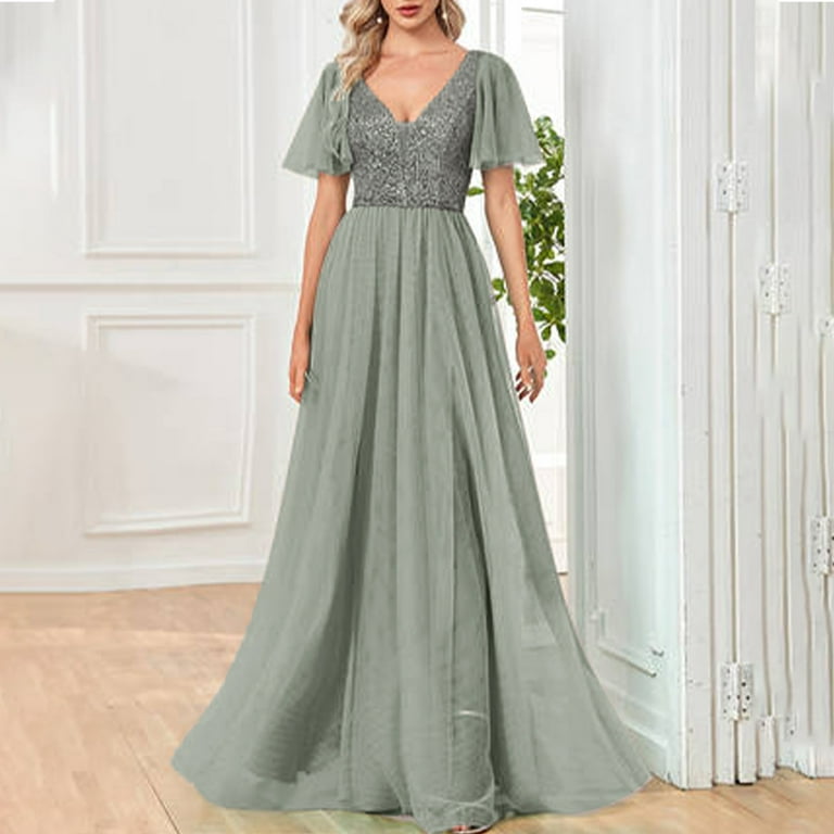Nxznwn Women's Sequin Cocktail Dress A-line V-Neck Empire Waist Ruffles  Sleeve Elastic Long Formal Dress Wedding Guest Dresses - Walmart.com