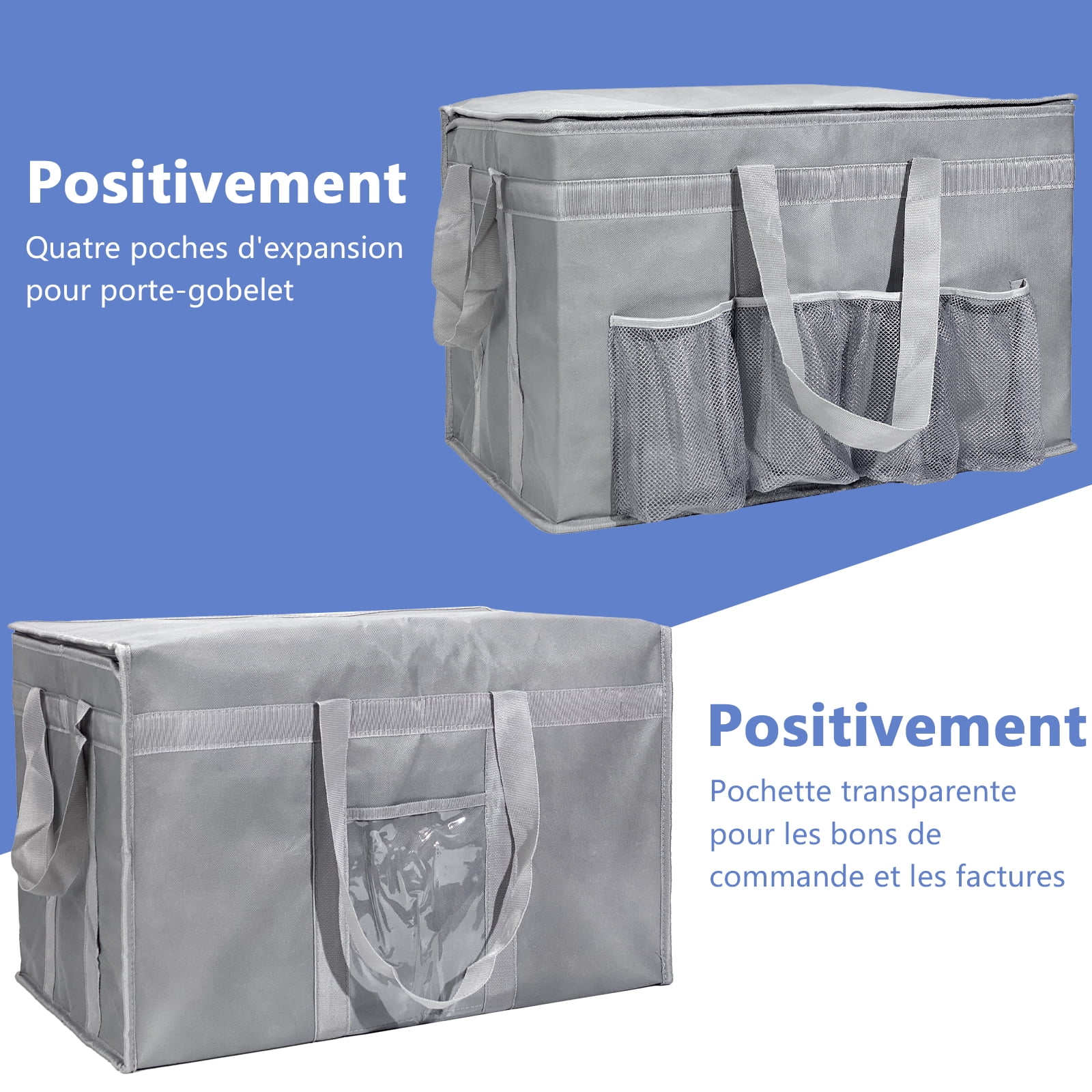 XXXL Large Insulated Collapsible Cooler Bags with Zipper Closure, Reusable Grocery Shopping Bags Keep Food Hot or Cold,Ideal for Catering,Grocery Transport，Grey colow with Cup Holder