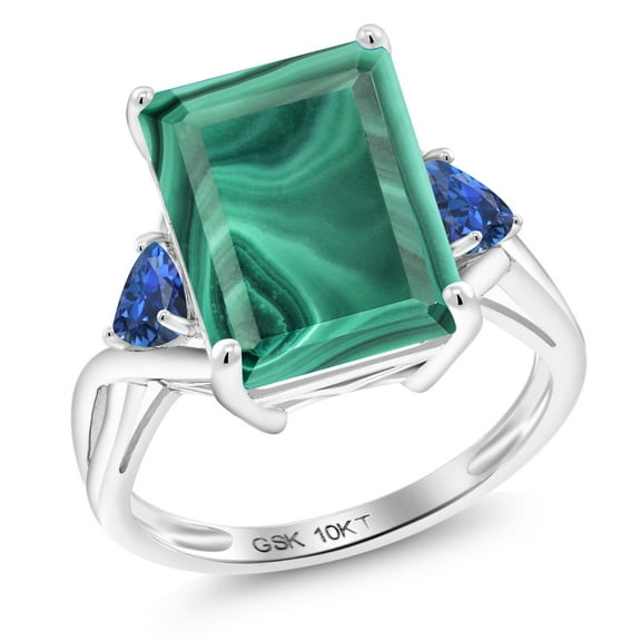 Gem Stone King 10K White Gold Green Malachite and Blue Created Sapphire 3 Stone Engagement Ring for Women (10.54 Cttw, Emerald Cut 14X10MM, Trillion 4MM, Size 7)