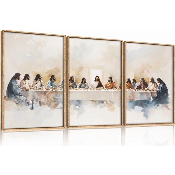 Large Watercolor Jesus Last Supper Scene Framed Canvas Wall Art Set,Jesus and Twelve Apostles Wall Decor,Christmas Religious Bible Story Artwork for Living Room,Bedroom,Church-24"x36"x3