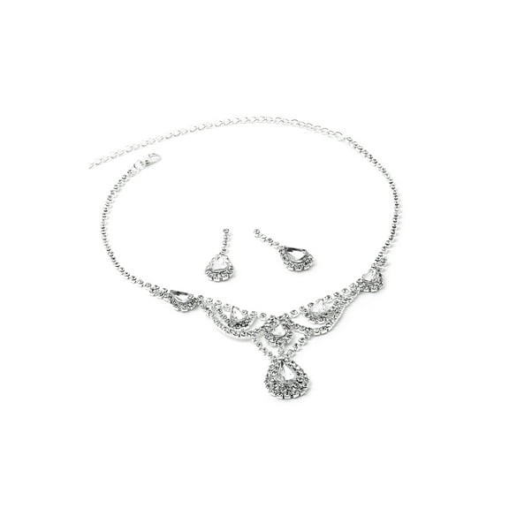 Silver Crystal Rhinestone with Large Teardrop Centerpiece Necklace and Matching Dangle Earrings Jewelry Set