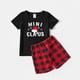 thumbnail image 3 of Conjunto de pijama a cuadros de manga corta a juego para toda la familia con estampado de letras y gorro navideño en color negro (resistente al fuego), 3 of 5