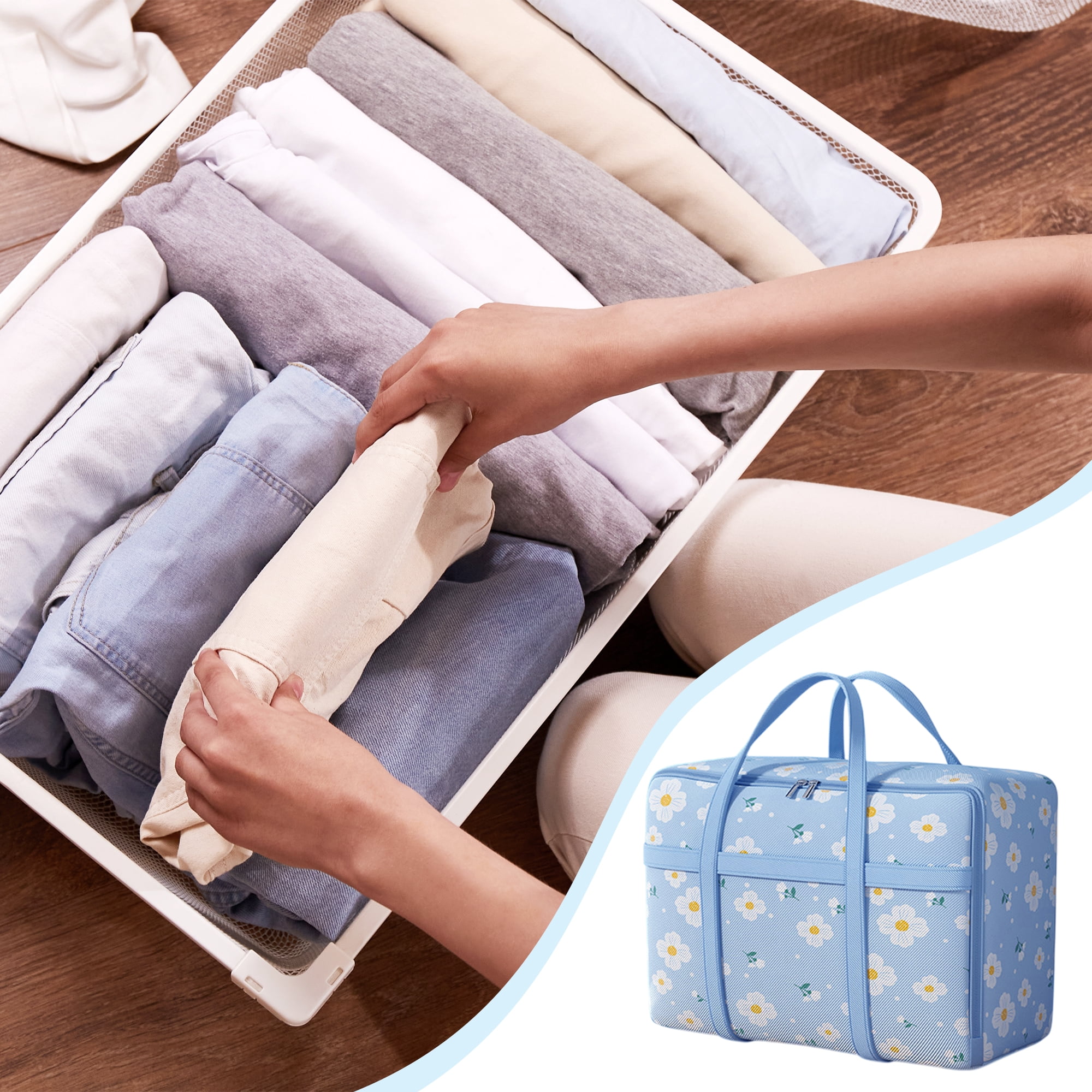 Unique Bargains Durable Dog Pattern Storage Bag Storage Bins 1 Pc Blue Daisies Giant