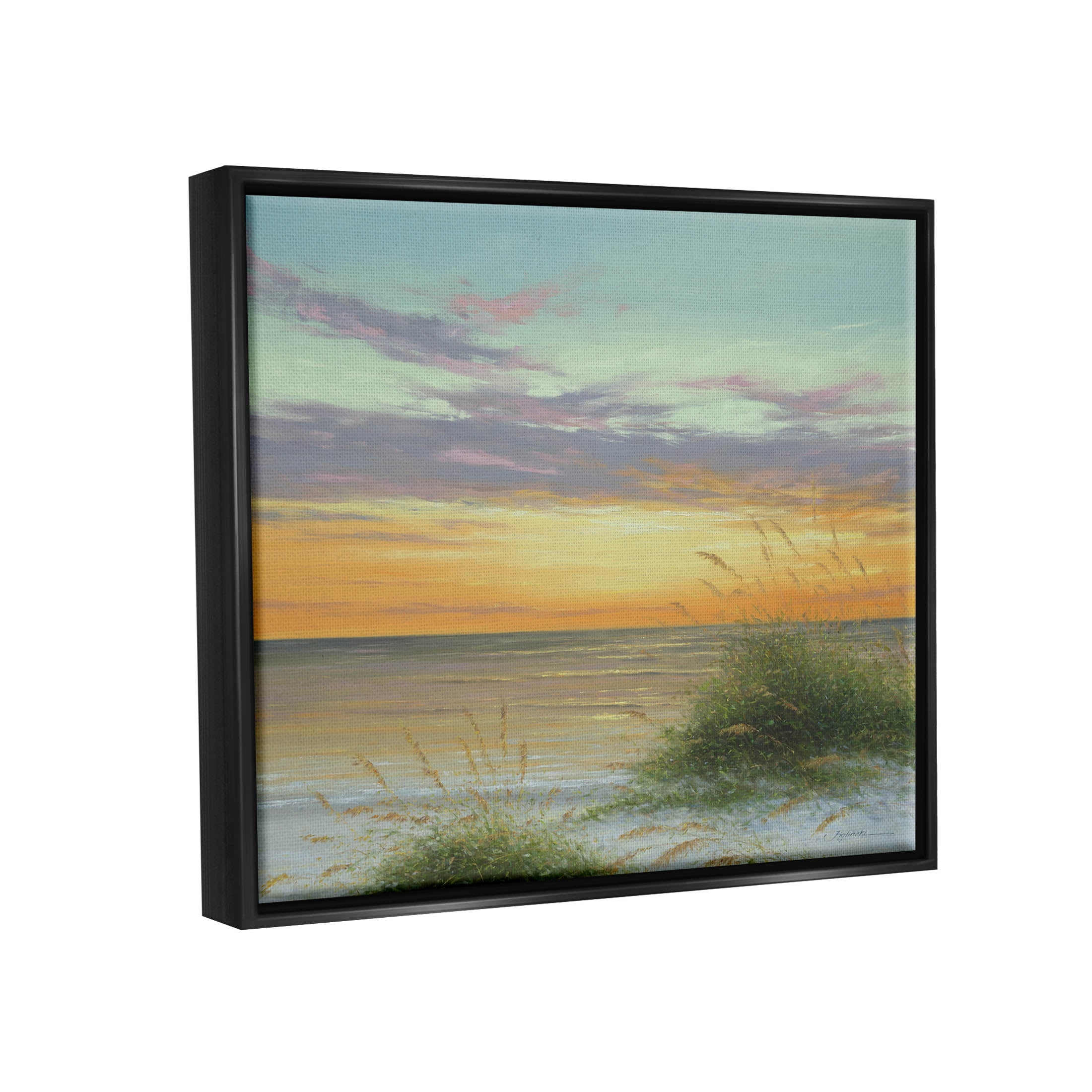 Coastal Reeds Sunset Beach Shore Coastal Painting Jet Black Framed Art Print Wall Art