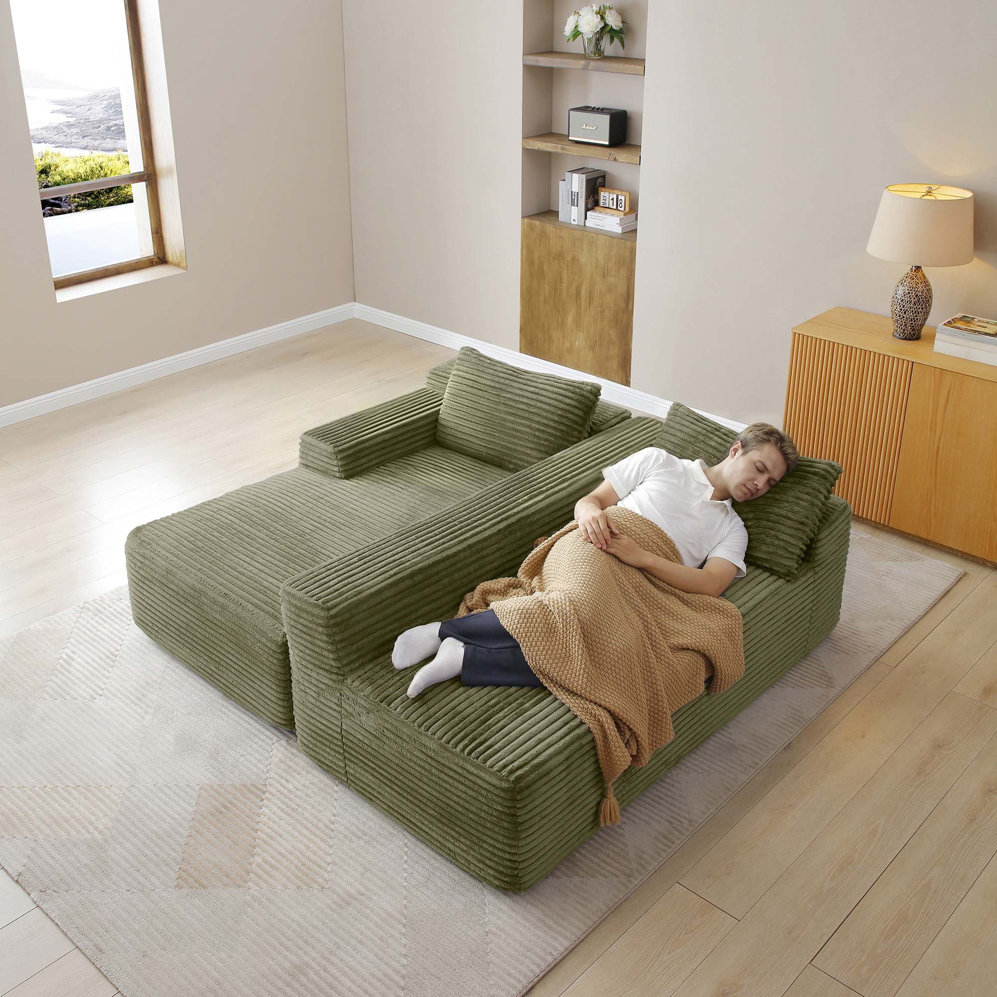 Miniyam Modern 97" L-Shape Couch with Chaise, Deep Seat Corduroy, No Assembly Needed (Left Facing Chaise, Green)