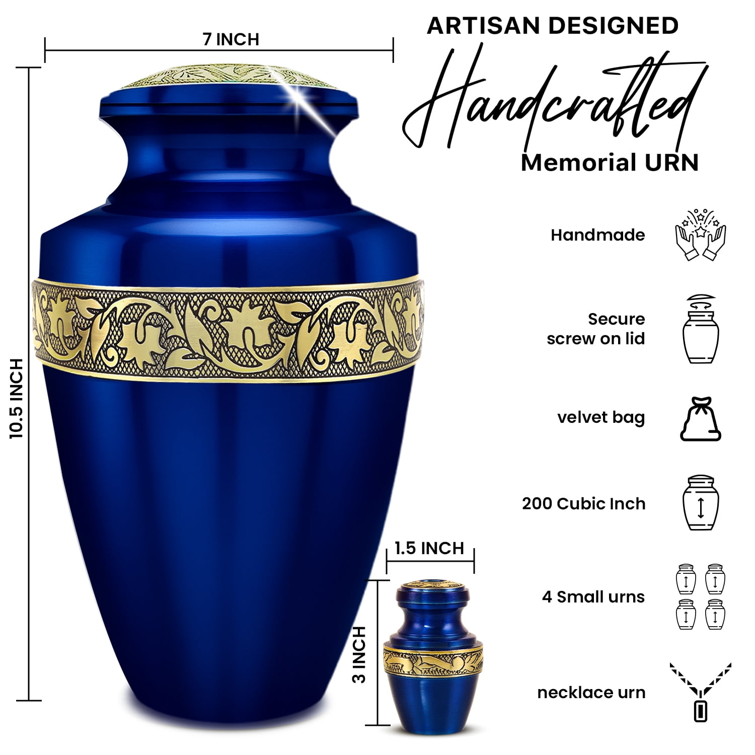 Set of 6 Blue Cremation Urns for Ashes – 1 Large, 4 Mini & 1 Necklace Urn | Handcrafted Aluminum Memorial Tribute | Urn for Ashes
