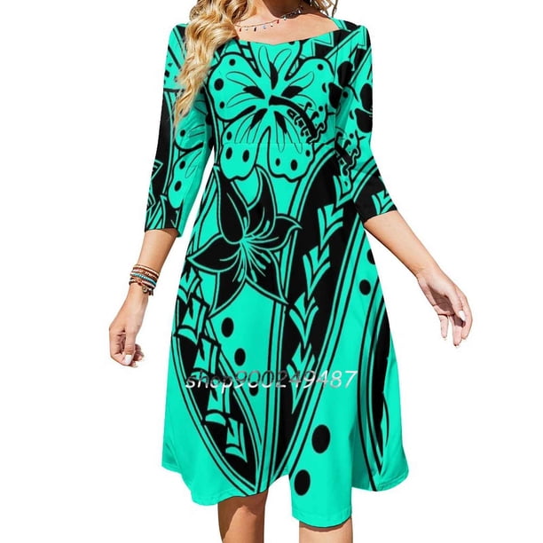 Vestido elegante y dulce con diseño tribal hawaiano vintage de orquídeas para mujer, estilo coreano kawaii, con cuello cuadrado, estilo hawaiano, samoano, polinesio