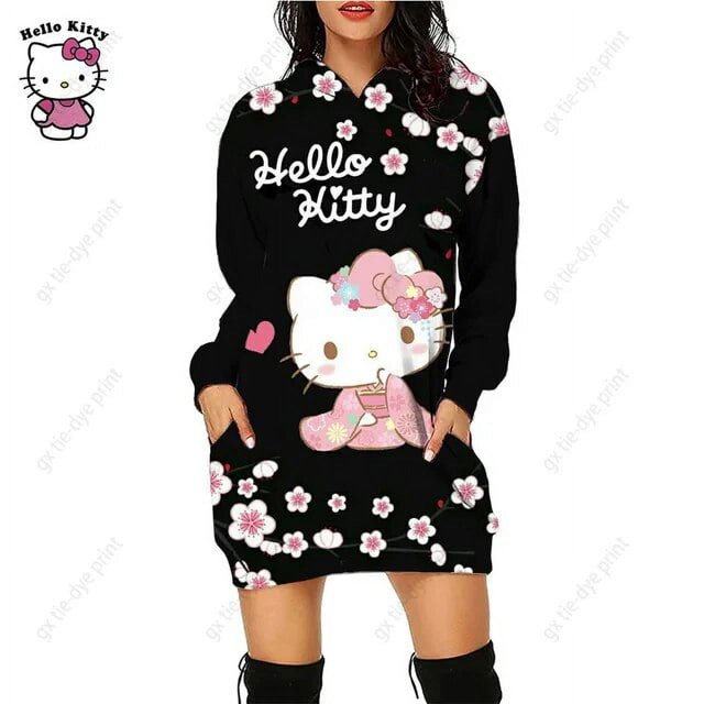 Nouveau Chandail à Capuchon Léopard Hello Kitty Femme Simple Col Rond Polyvalent Chandail Long Bureau Décontracté Ample Chandails à Capuchon Robe d'Automne