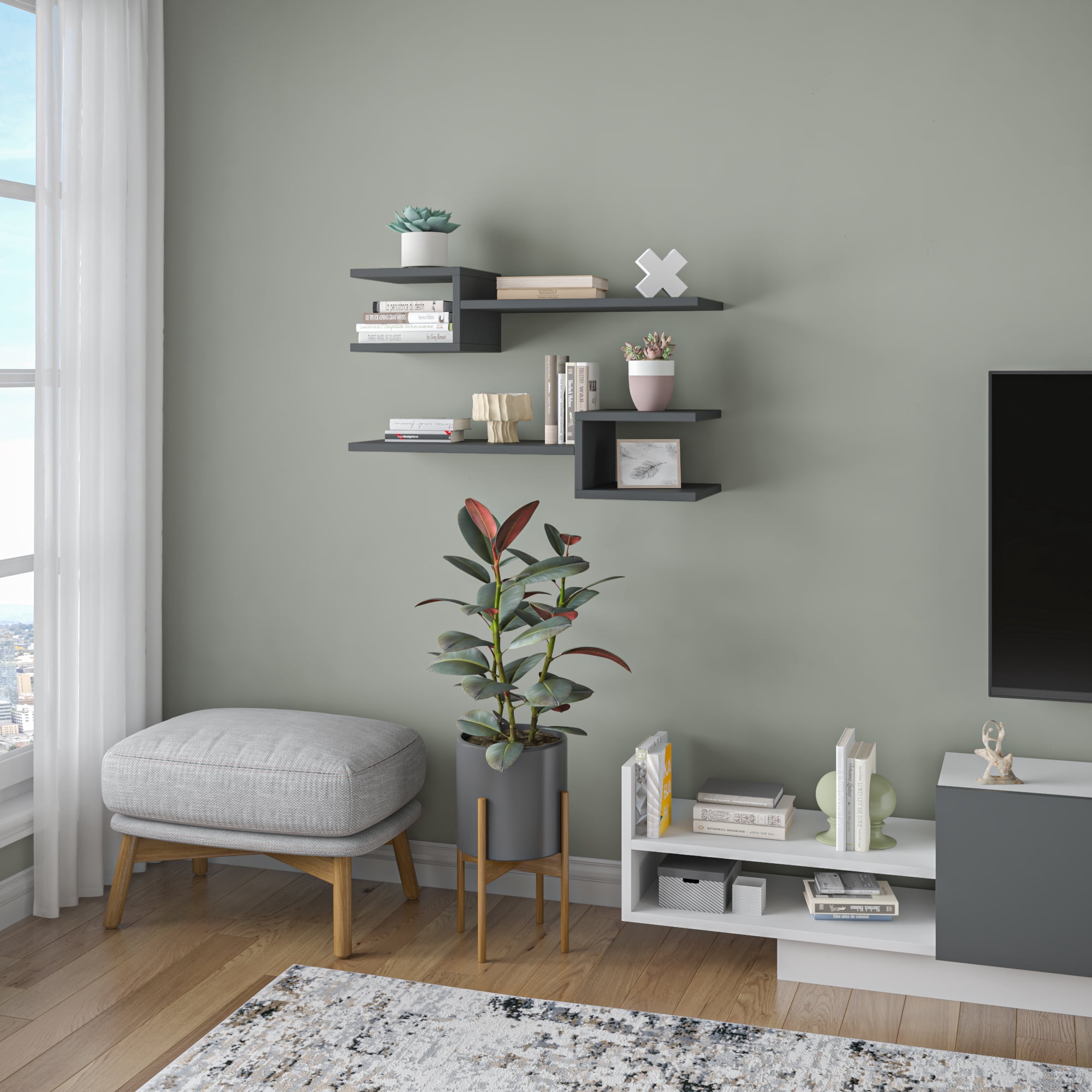Ada Home Decor Furniture 29.53" 2 Tier Anthracite Webbs Modern Wall Shelf