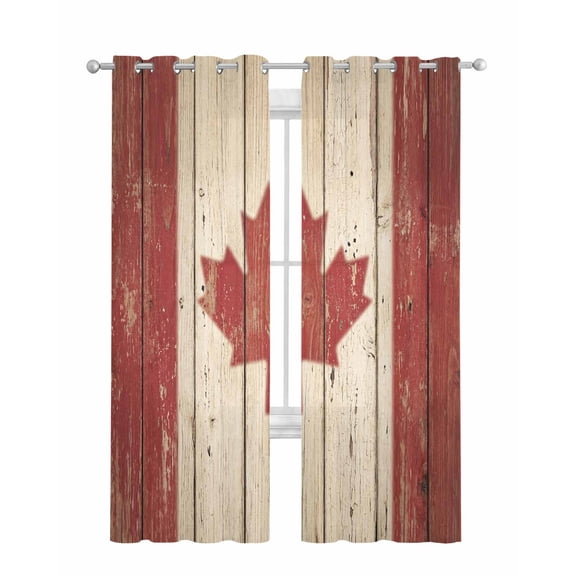 Canada Sheer Curtains 84 Inch Length 2 Panels Set for Living Room/Bedroom, Red Maple Leaf Flag Vintage Farmhouse Wooden Grain Kitchen Curtains Grommet Semi-Sheer Curtains Window Treatments 42"x84"x2