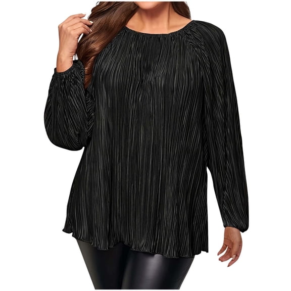 hoksml Women's Spring Fall Plus Size Top Solid Color Round Neck Large Size Loose Casual Pearlescent Pleated Flowy Long Sleeve Shirts XL-5XL