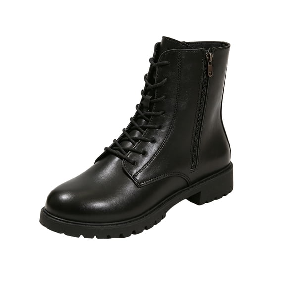 EKVAHL Women's Orthopedic Boots, Non‑Slip Faux Leather Lug Sole Booties, Round Toe Casual Walking Boots For Daily Street Black