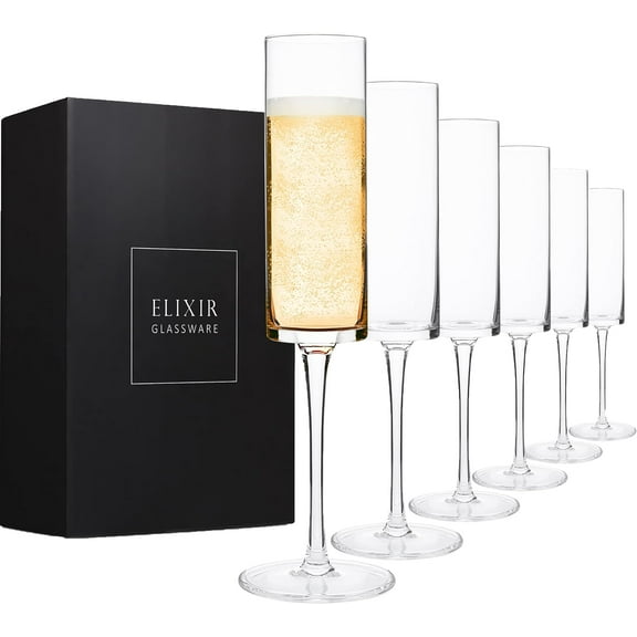 Elixir Edge Champagne Flutes, Set of 6 - Wedding, Anniversary, Birthday, Engagement Gift - 6oz - Glass