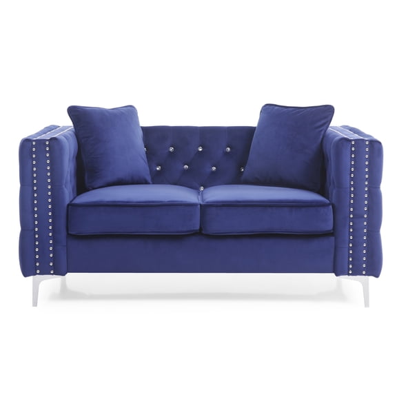 Contemporary Home Living Tufted Diamond Button Velvet Loveseat with Throw Pillows - 63" - Blue