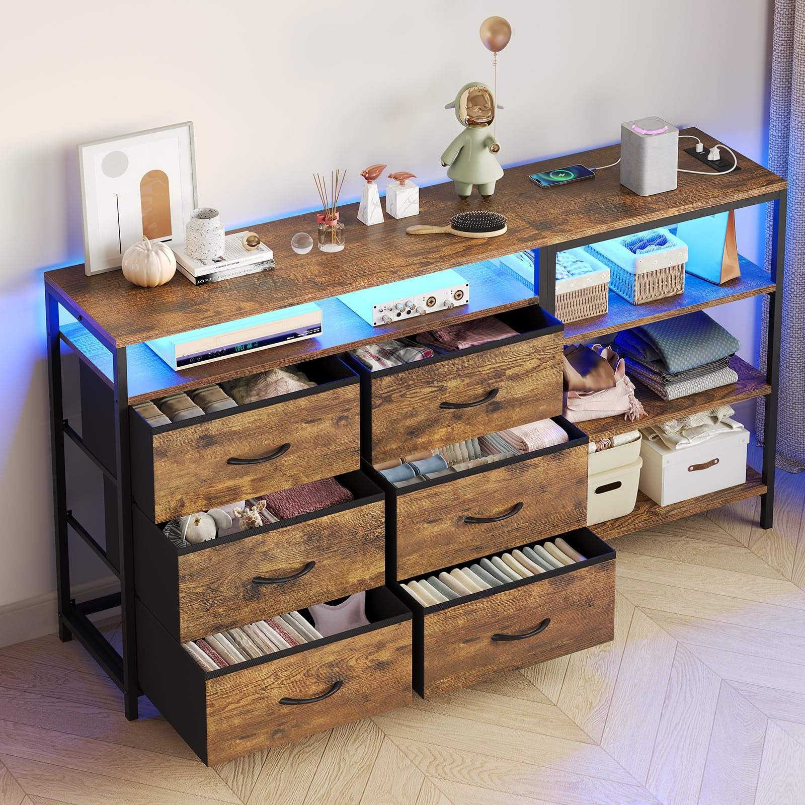 Afuhokles 6 Drawer Dressers for Bedroom with Charging Station and LED Light, 6 PU Drawers, 3 Open Shelves, Rustic Brown