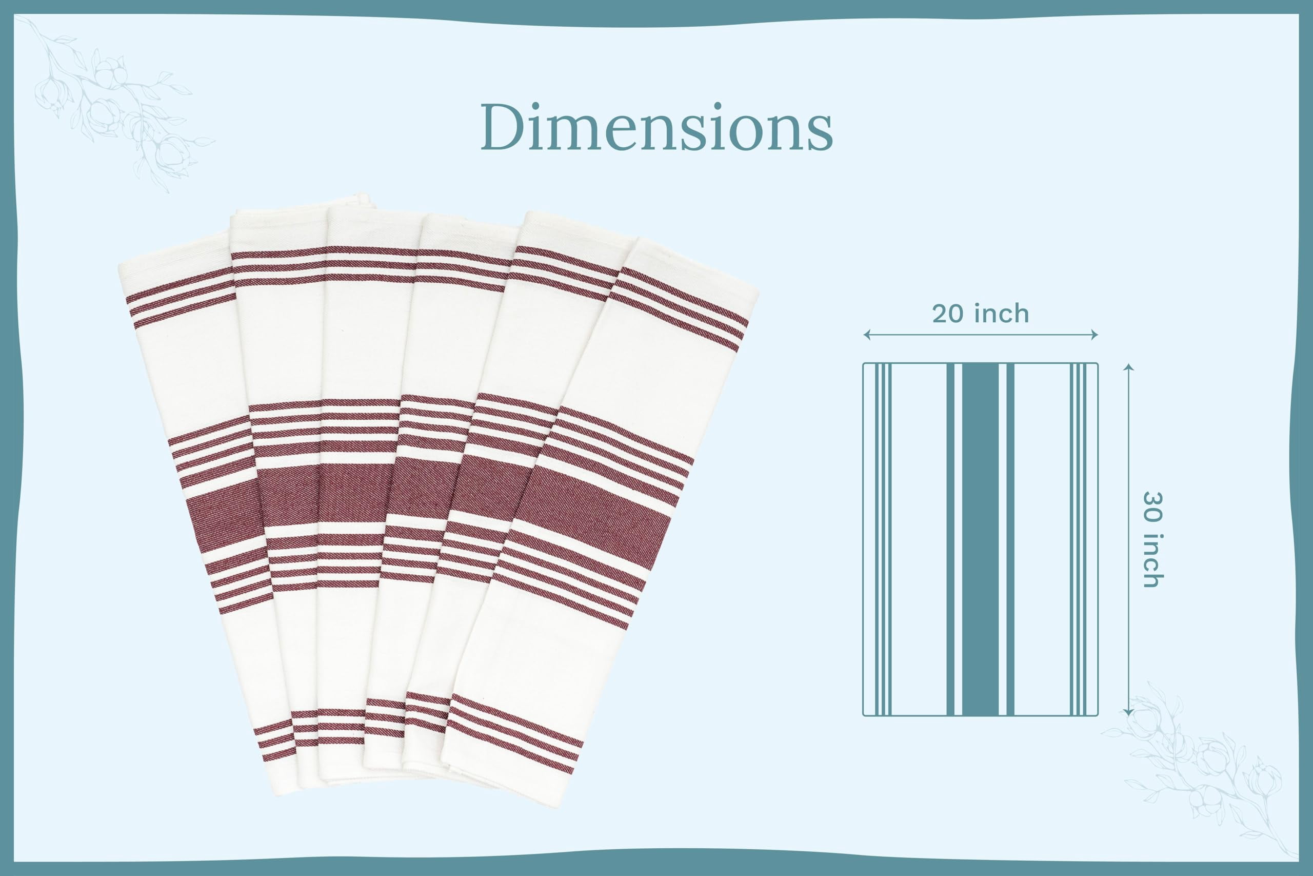 Large Absorbent Dish Towels, Striped, Cotton, 30x20", (Maroon, Pack of 6)
