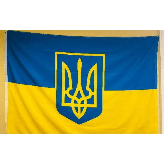 UKRAINE TRIDENT YELLOW LARGE 5X8 100D, ROUGH TEX. EXCELLENT WIND RESISTANCE AND 4 ROWS OF STITCHING ON BOTH SIDE FLAGS AND BANNER