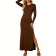 thumbnail image 3 of Ayolanni Split Fall Dresses Fitted Waist Long Sleeve Solid Crew Neck Maxi A-Line Dress Vacation Party Elegant Sundress Brown M, 3 of 7