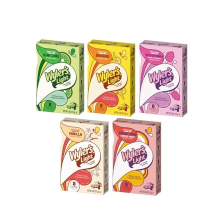 Wyler's Light Variety Pack of 5 - One Box of Each Flavor - Cotton Candy, Peach Ring, Banana, Vanilla, and Kiwi Lime - Powdered Drink Mix