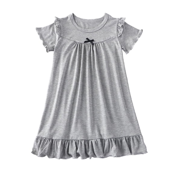 CHEEREAM Nightgown Dress For Girls Pleated Summer Short Sleeve Ruffle Hem Swing Mini Dresses for Kids Bowtie Decorated Daily Wear