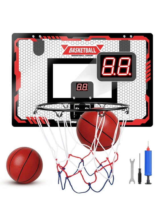 Indoor Basketball Hoop for Kids, Indoor Over The Door Basketball Hoops, LED Light Mini Basketball Goals with 2 Balls & Electronic Scoreboard, Christmas Toys Gifts for 5 6 7 8 9 10 11 12+ Year Old Boys