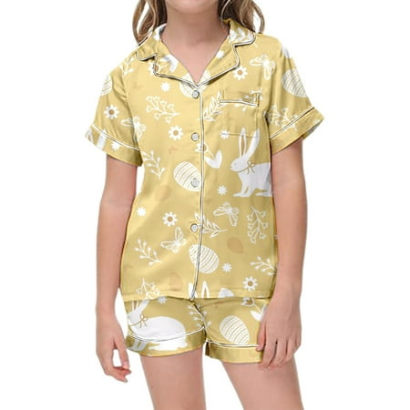 XFHLMJFF Fashion Easter Pajamas Set Girls Bunny Print Satin Silk Button Down Short Sleeve Shirts Shorts Pants Sleepwear 4-5Y