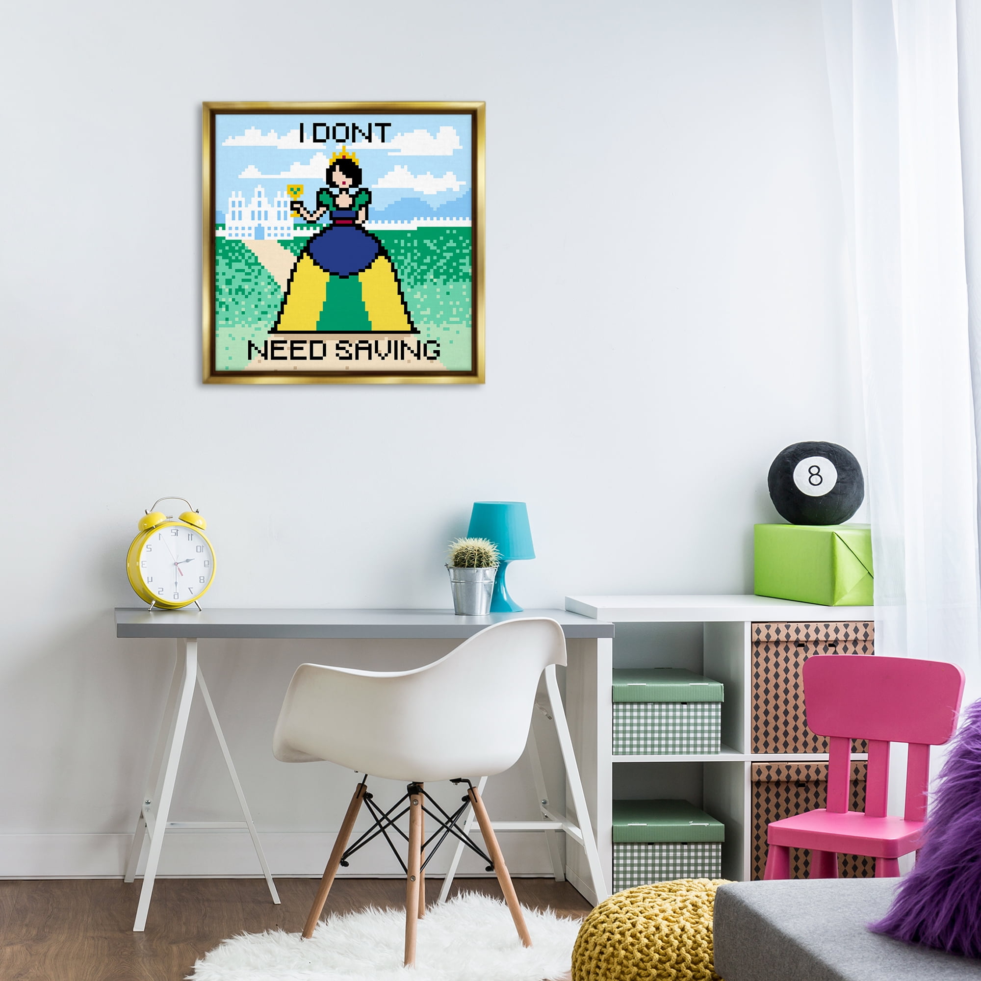 Stupell Industries Don't Need Saving Pixel Princess People Painting Gold Floater Framed Canvas Art Print Wall Art, 25 x 25
