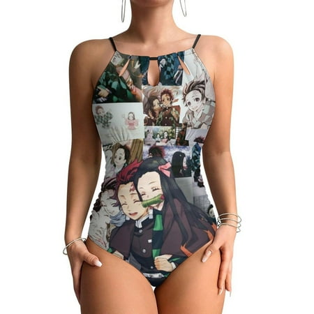 Demon Slayer Tanjiro Nezuko Womens Swimsuit One Piece Summer Swimwear High Neck Tummy Control Bathing Suit Mesh Beachwear