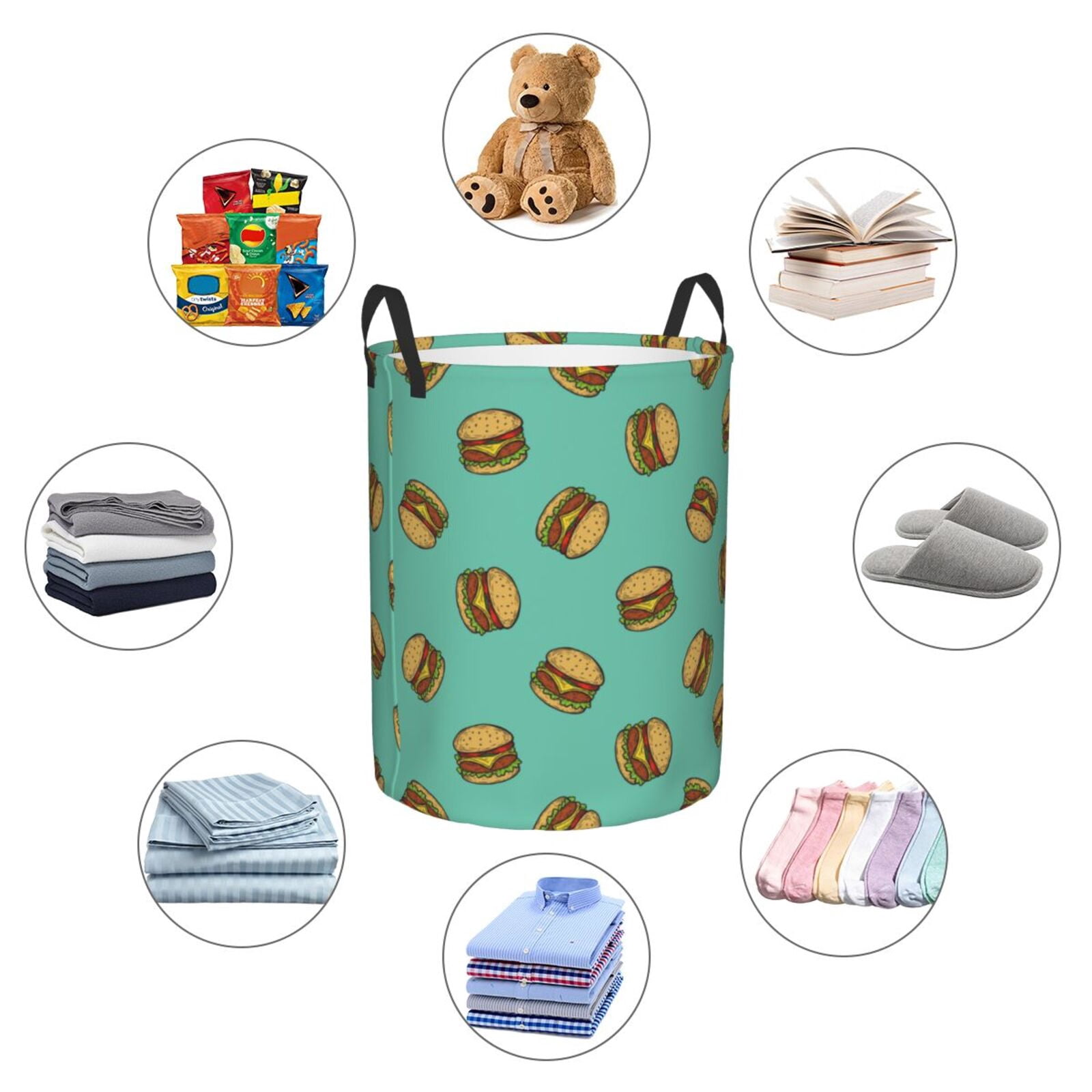 Large Laundry Basket with Handles - Cute Hamburger Teal Blue Kids Baby Dirty Clothes Laundry Hamper for Bedroom Aesthetic