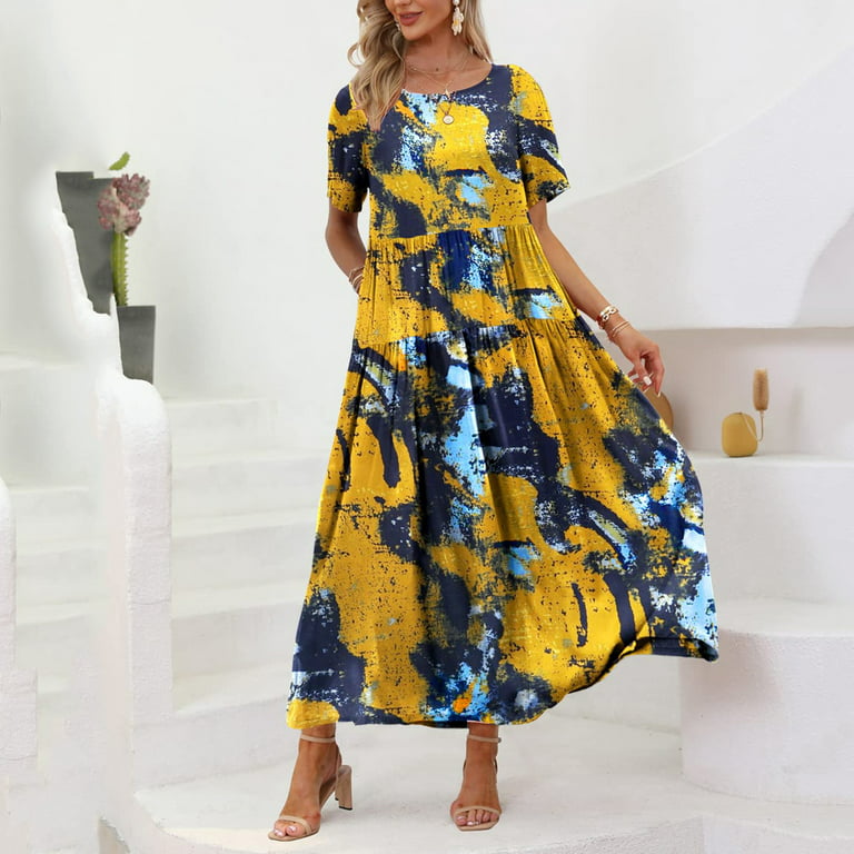 Aayomet Birthday Dress Women's Causal Summer Dress Spaghetti Strap  Sleeveless High Waist Beach Long Maxi Dresses,Yellow 3XL