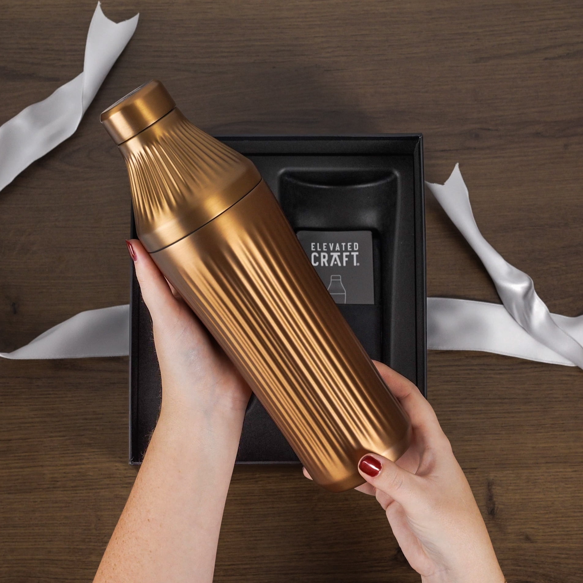 Elevated Craft Diamond Edition Hybrid Cocktail Shaker Set - Premium Vacuum Insulated Brushed Copper, 28 oz, Includes Built-In Strainer, Precise Measuring Top & XL Polishing Cloth - Martini Shaker
