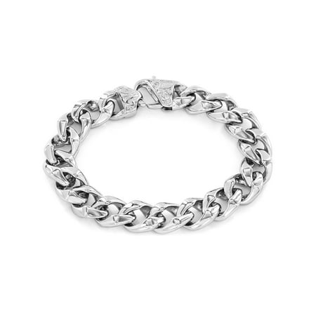 - Classic Stainless Steel Curb Link Fleur de Lis Clasp Bracelet