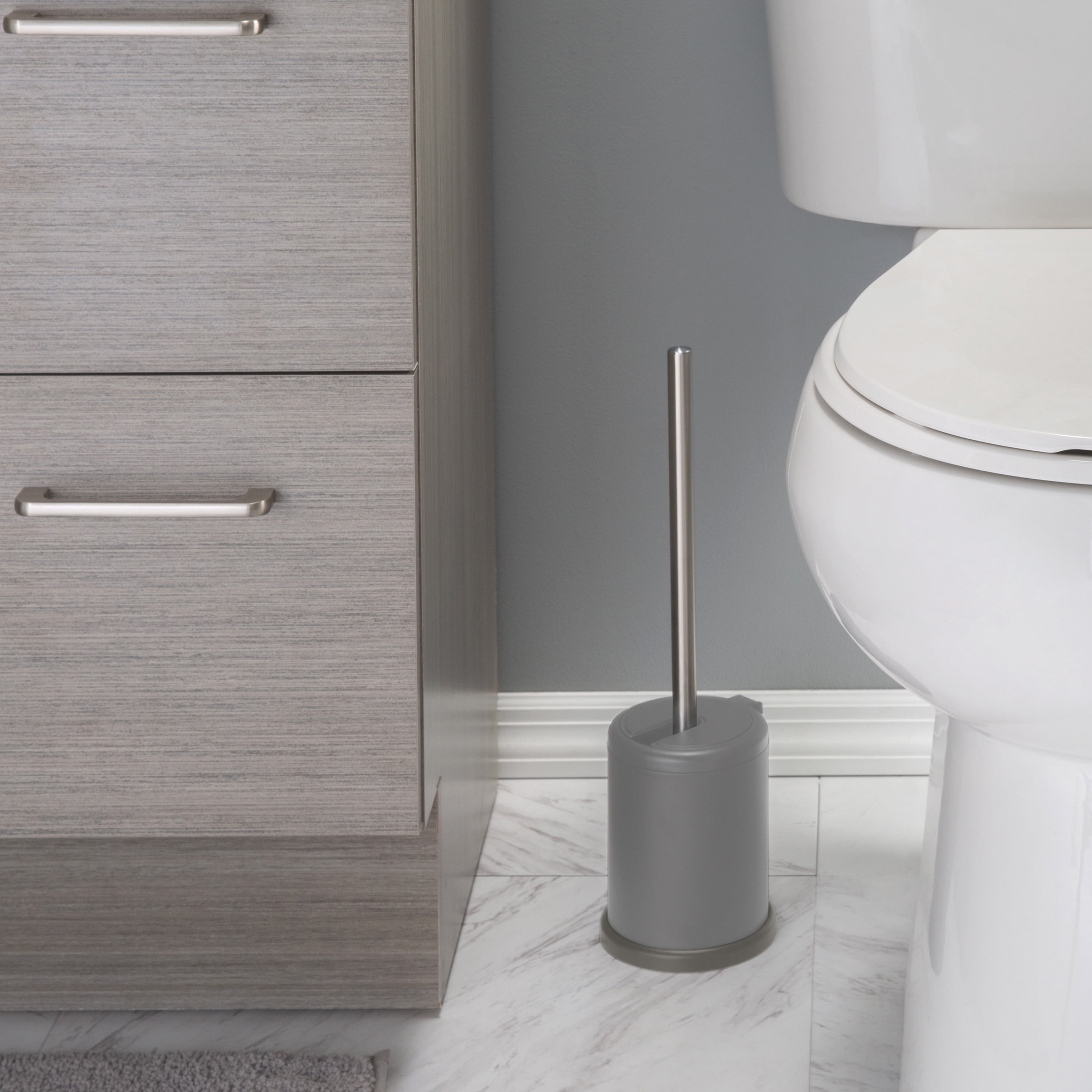 Bath Bliss Self Closing Lid Toilet Brush and Holder 2 Pack Replacement Brushes in Grey